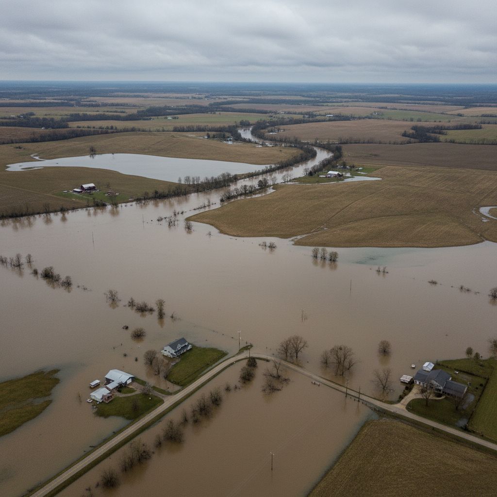Aerial view of river flooding across agricultural plains after heavy rainfall